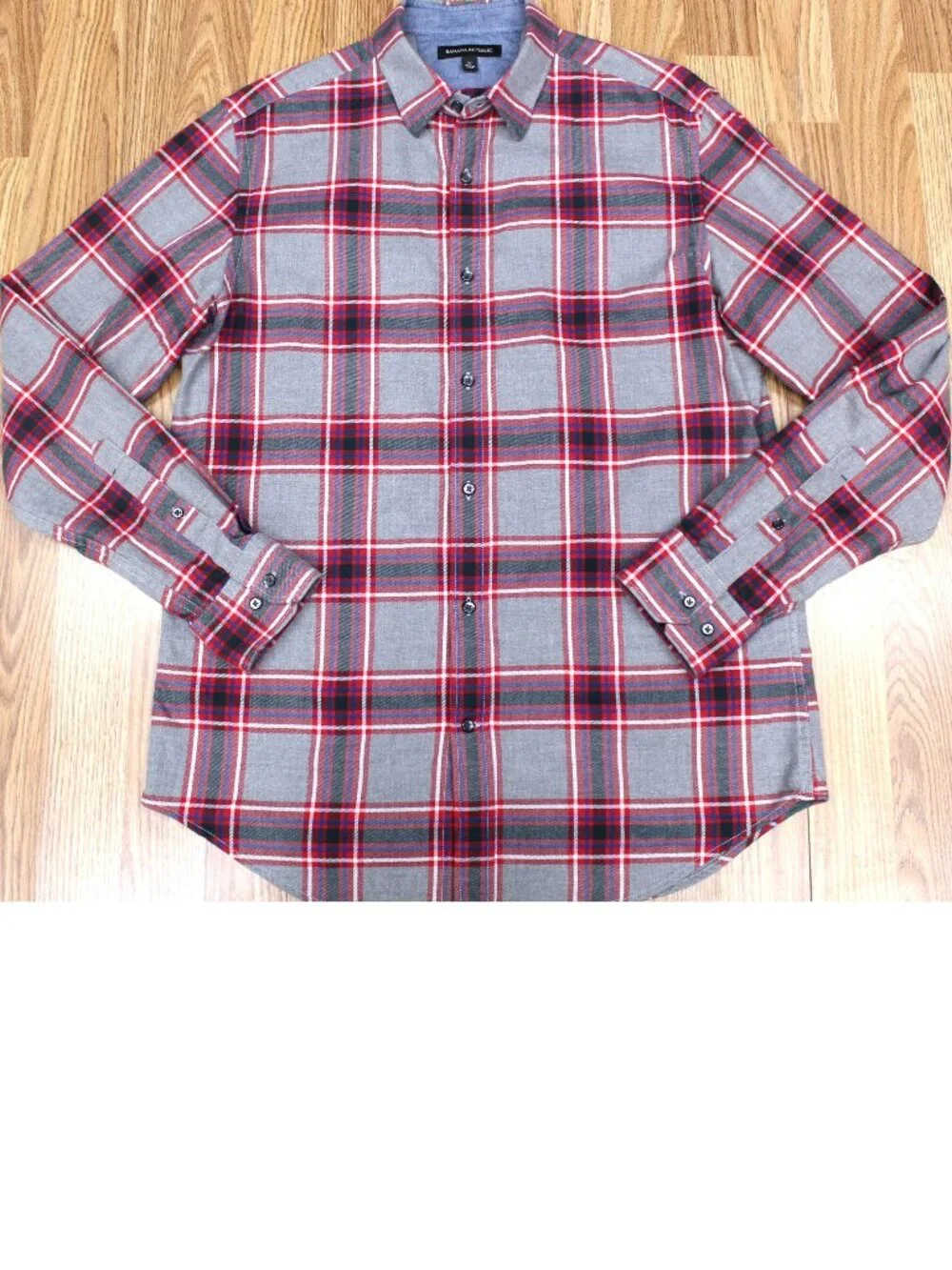 BANANA REPUBLIC FLANNEL REGULAR FIT SHIRT 100% COTTON GRAY & RED Sz MEDIUM, M